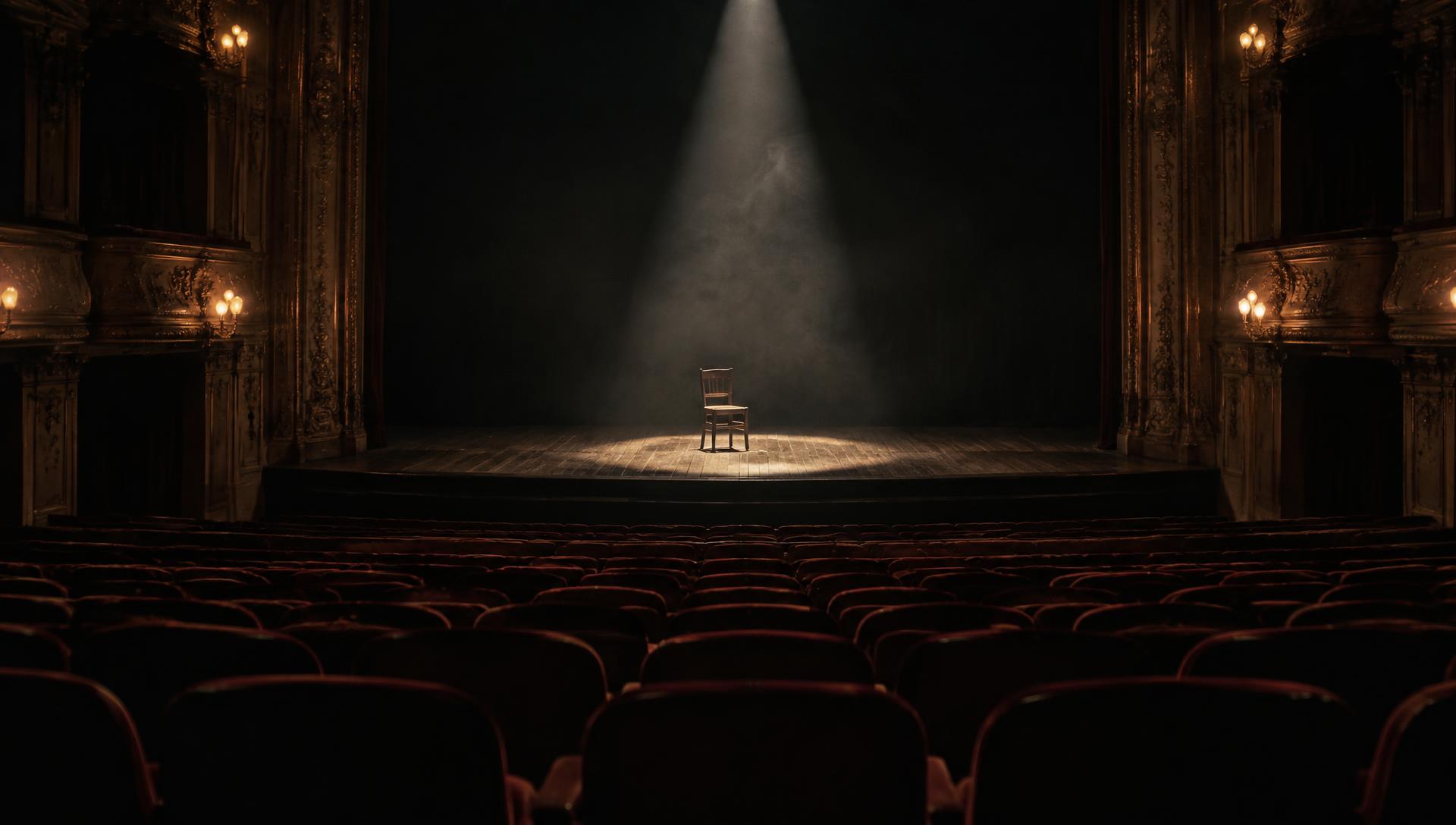 An empty theatre, a single chair lit by one spotlight on a bare stage