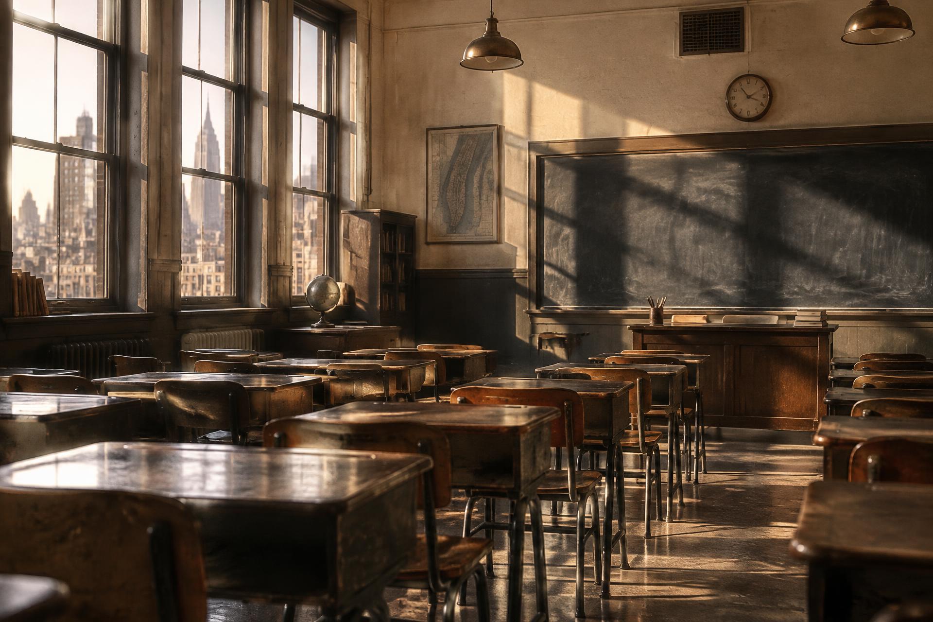 An empty mid-century New York classroom in late afternoon light